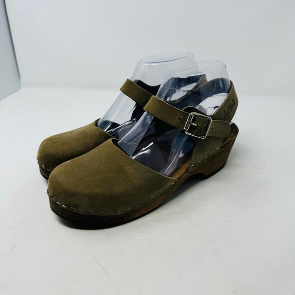 Lotta from Stockholm Green Leather Clogs Wooden Heels Adjustable Strap Size 37 - Picture 2 of 15